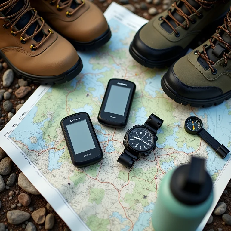 Diferentes modelos de GPS Garmin para trekking dispostos em um mapa