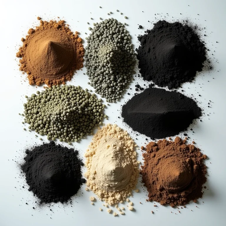 Diferentes tipos de substratos para terrários dispostos em um flat lay.