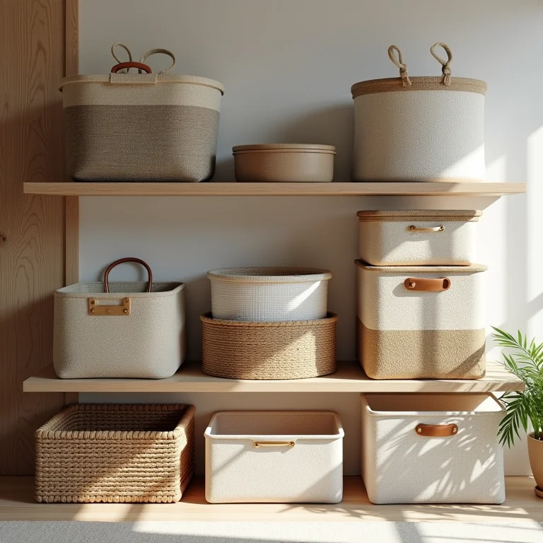 Diversidade de caixas e cestos organizadores, mostrando diferentes tamanhos, materiais e cores.