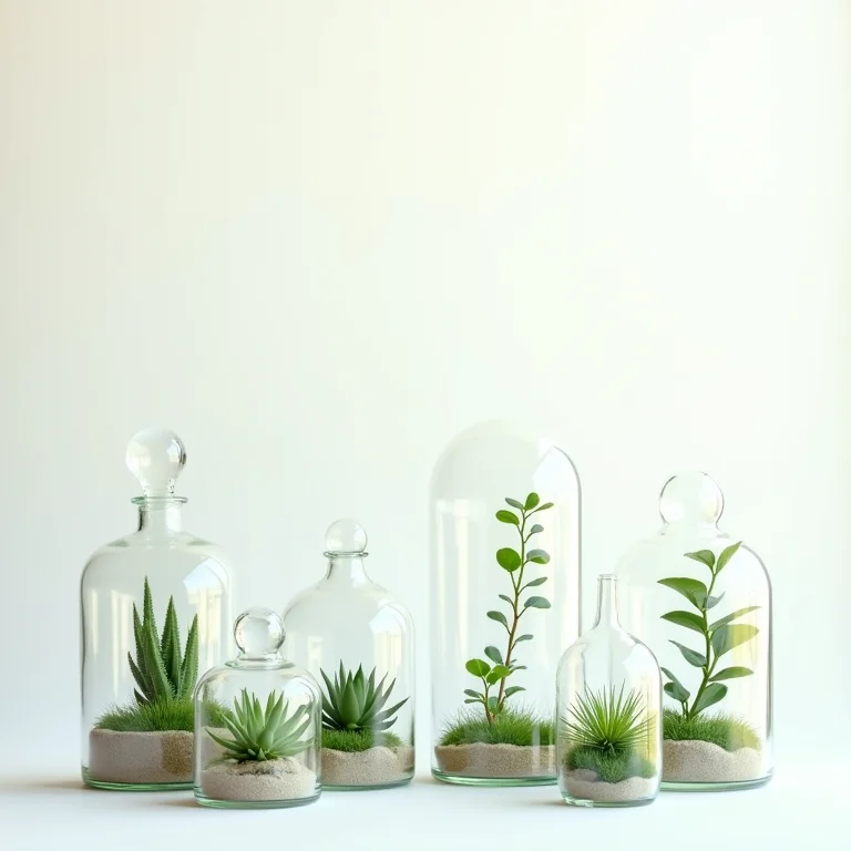 Diversos recipientes de vidro para terrários em composição flat lay.