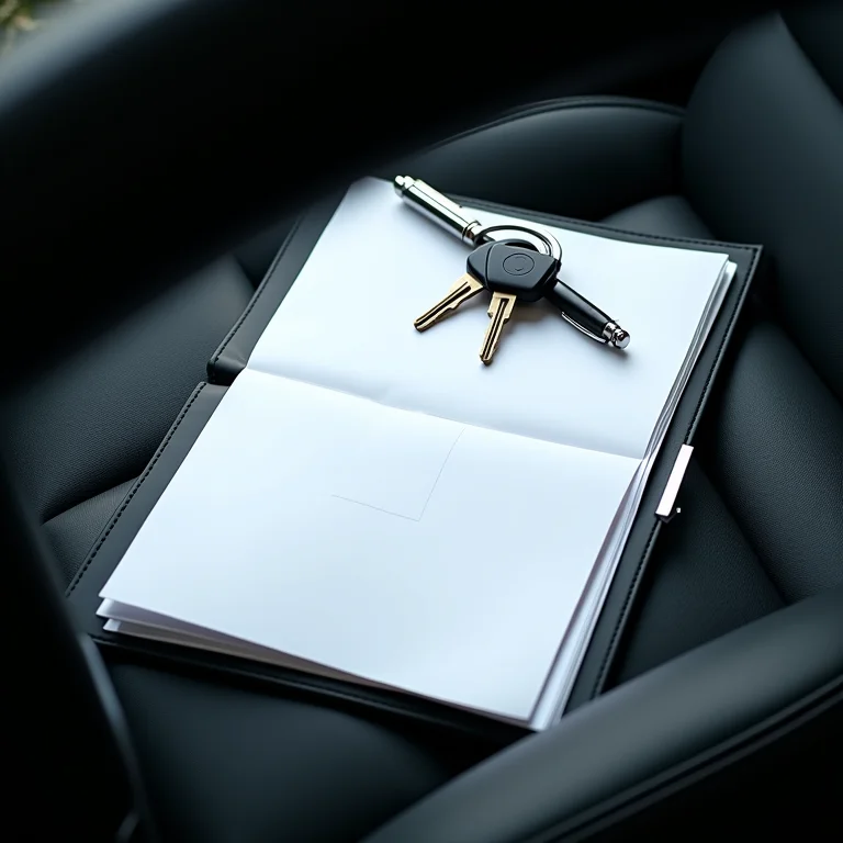 Documentos do carro organizados em uma pasta no painel do veículo.