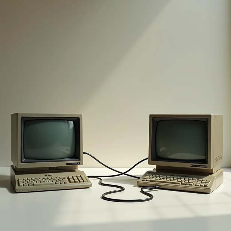 Dois computadores antigos conectados por um cabo.