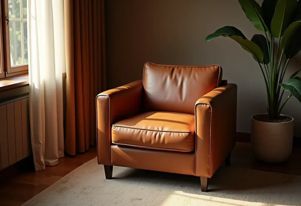 Poltrona de couro nobuck: 7 dicas de ouro antes de comprar a sua Elegante poltrona de couro nobuck em sala de estar bem iluminada.