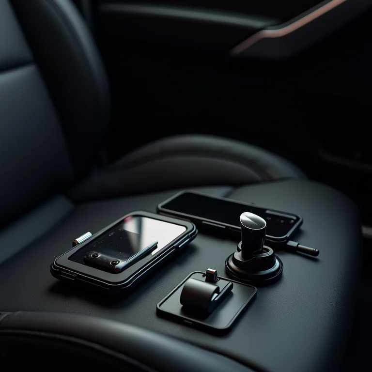 Equipamentos automotivos como GPS, carregador de carro e suporte de celular no banco do carro.
