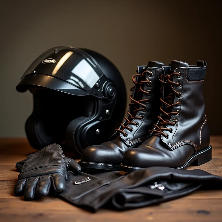 Equipamentos de segurança essenciais para motociclismo: capacete, luvas, jaqueta e botas.
