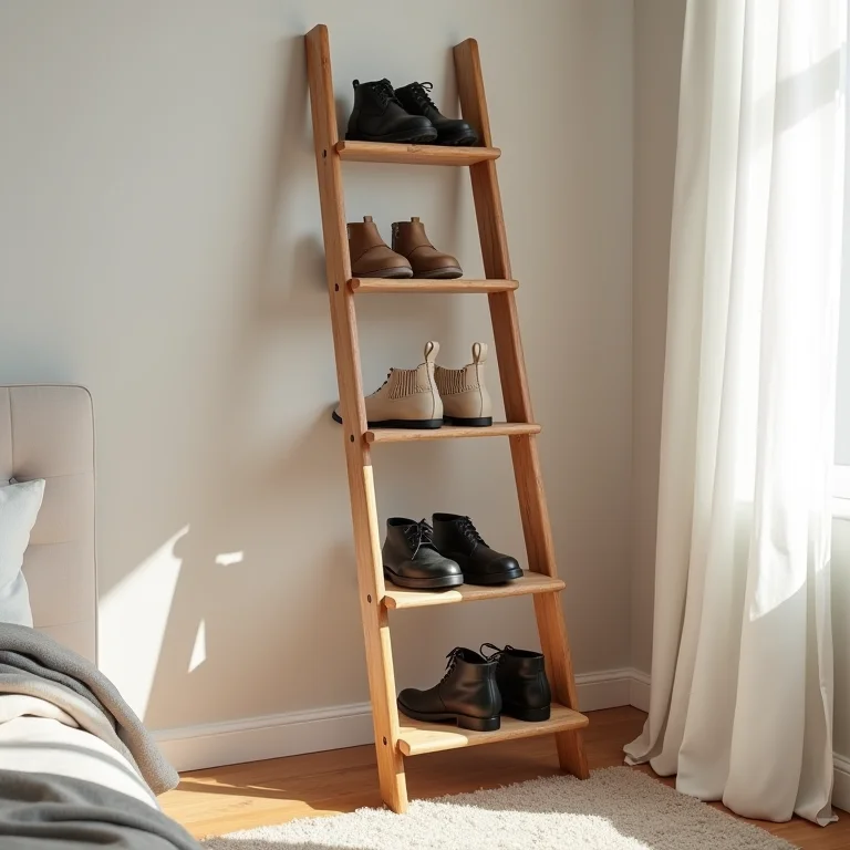 Escada decorativa usada como sapateira em um quarto estiloso