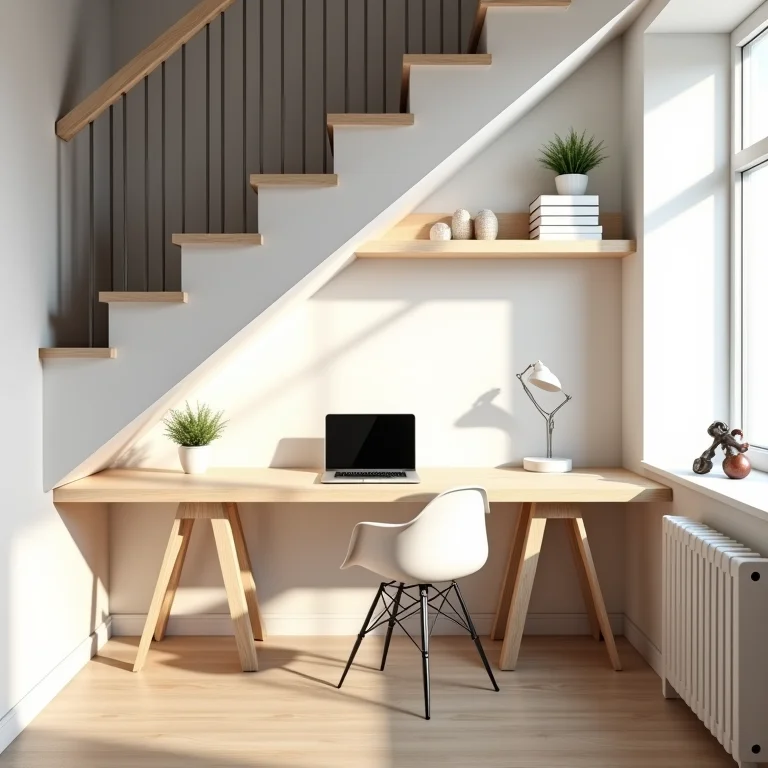Escritório minimalista embaixo da escada com mesa e prateleiras organizadas