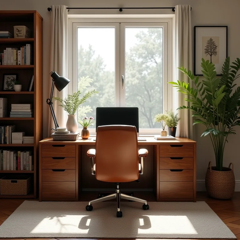 Espaço de trabalho dedicado em casa com mesa organizada e cadeira confortável.