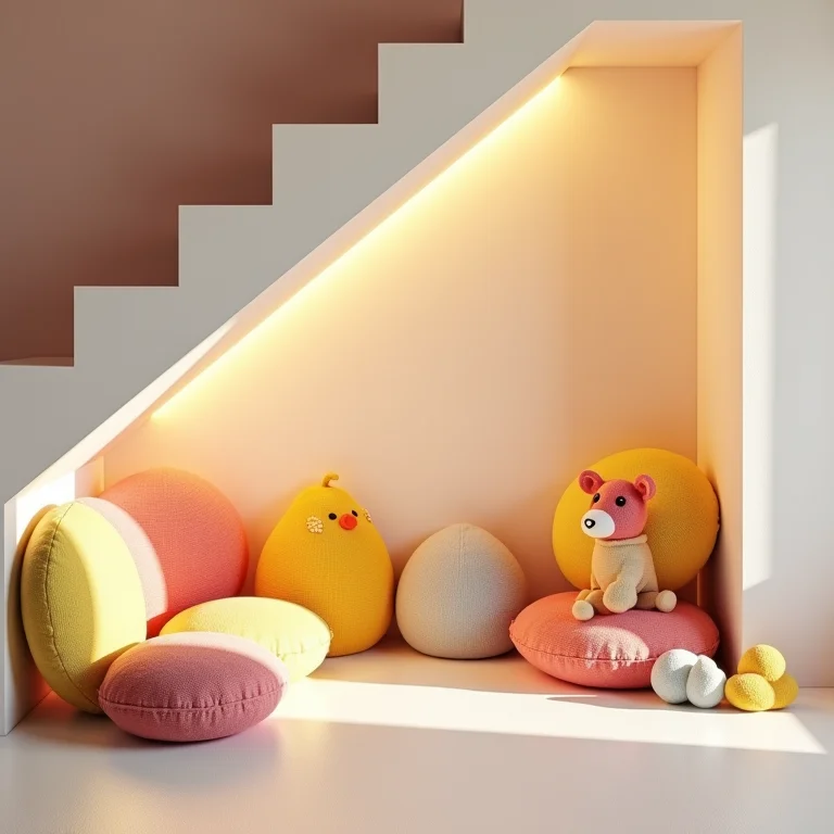Espaço infantil lúdico embaixo da escada com brinquedos e almofadas coloridas