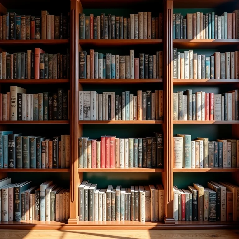 Estante de livros diversificada, representando a exploração de diferentes autores e estilos