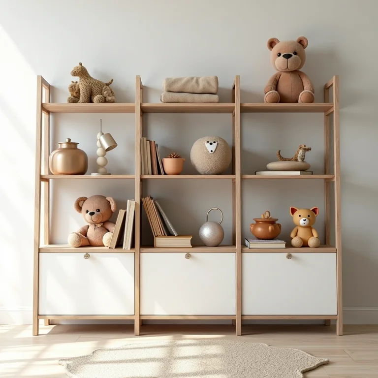 Estante moderna exibindo brinquedos, livros e objetos decorativos, demonstrando soluções inteligentes de organização.