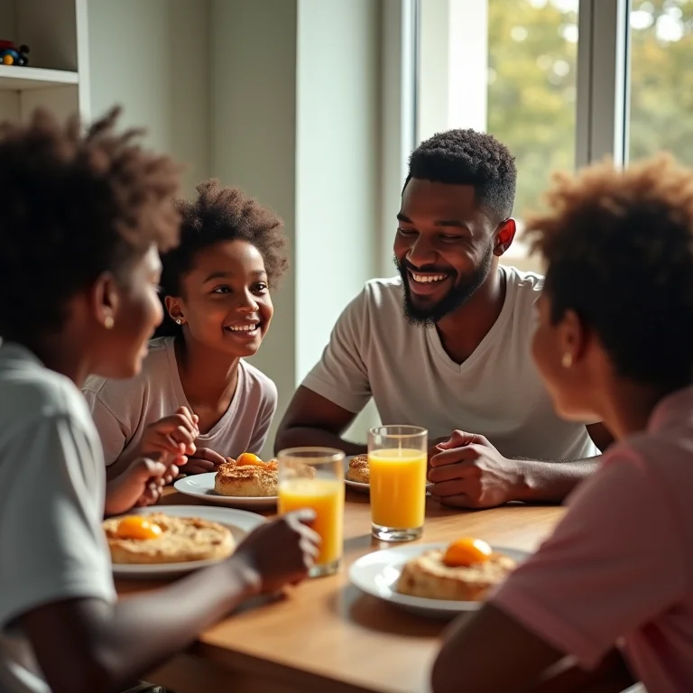 Família diversa tomando café da manhã junta todos os dias.