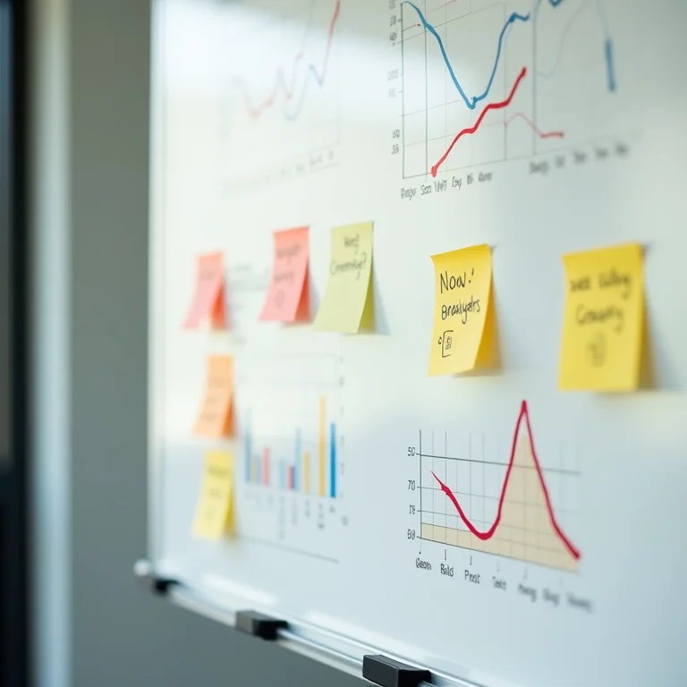 Ferramentas de análise de público, como gráficos e notas adesivas, em uma mesa de escritório.