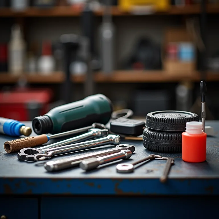 Ferramentas e materiais para pequenos reparos automotivos dispostos em uma bancada.