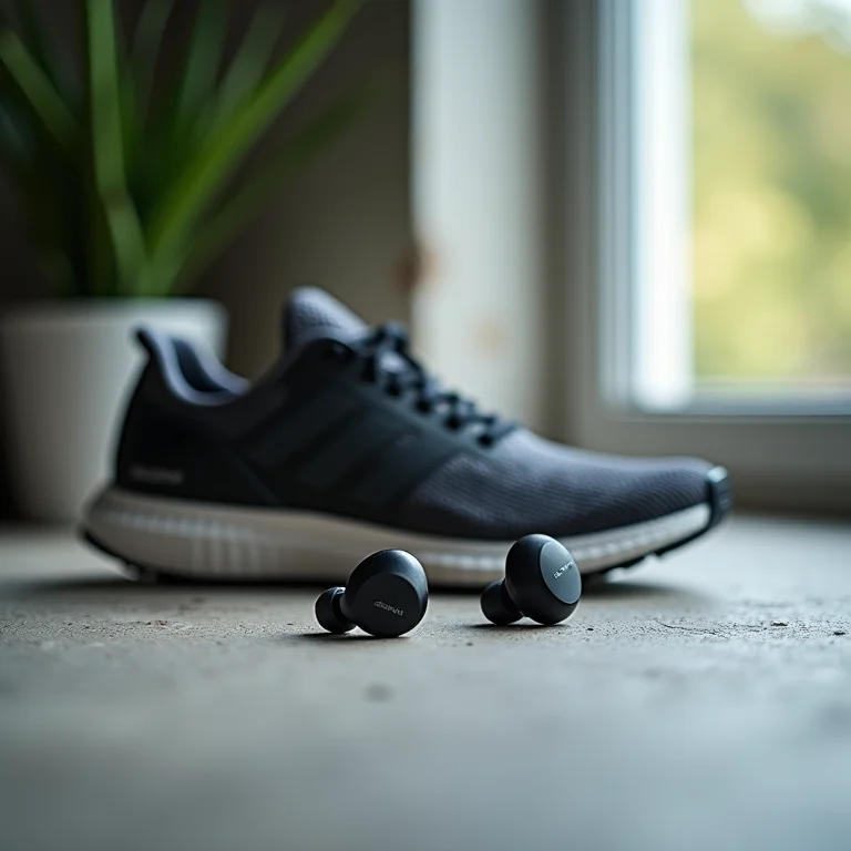 Fones de ouvido e tênis de corrida.