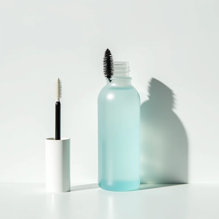 Frasco de soro fisiológico ao lado de rímel e aplicador