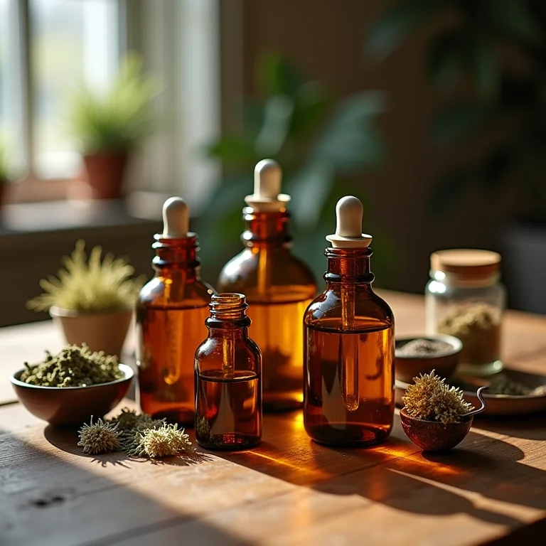 Frascos de boticário antigos com ervas e extratos de plantas.