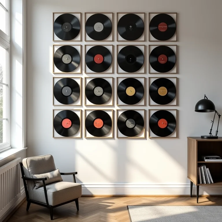 Galeria de parede com discos de vinil emoldurados