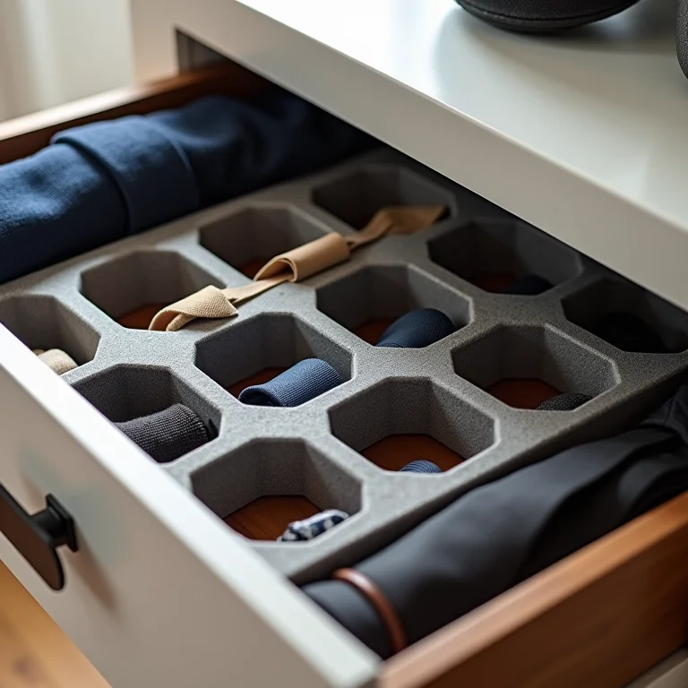 Gaveta organizada com acessórios usando organizadores colmeia