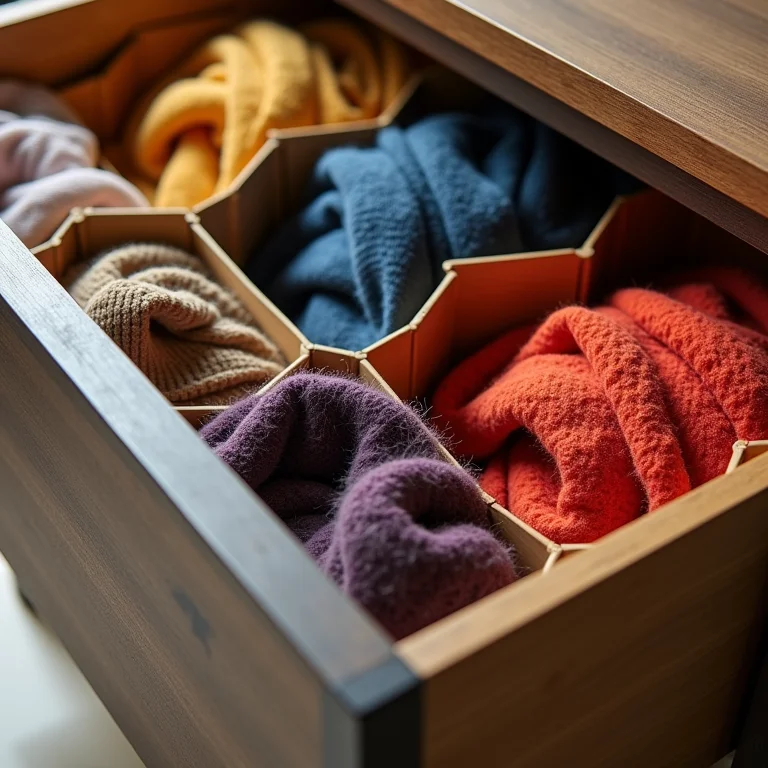 Gaveta organizada com colmeias e lenços dobrados