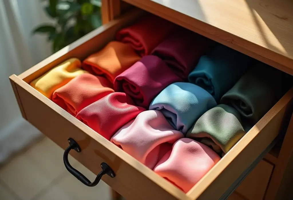 Gaveta organizada com lenços de seda coloridos