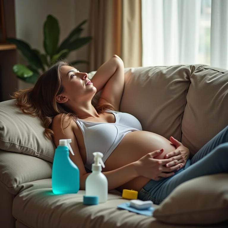 Grávida descansando no sofá perto de produtos de limpeza