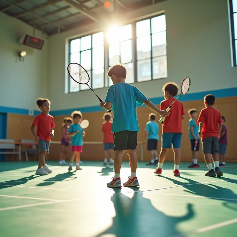 Grupo diversificado de pessoas jogando badminton paralímpico em um centro comunitário.