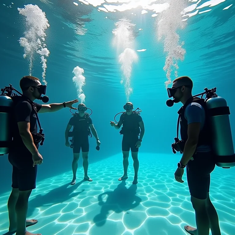 Grupo diverso aprendendo técnicas de mergulho em piscina durante curso PADI