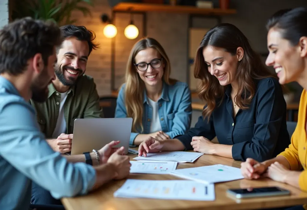 Grupo diverso de empreendedores MEI trabalhando em documentos financeiros e laptops em espaço de coworking moderno.