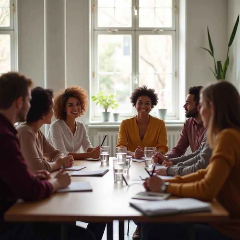 Grupo diverso de funcionários em reunião do comitê de inclusão.