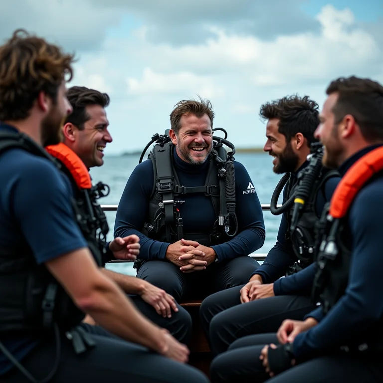 Grupo diverso de mergulhadores celebrando após mergulho