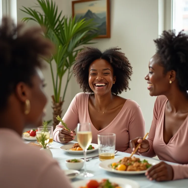 Grupo diverso de mulheres aproveitando um jantar em uma mesa bem decorada.