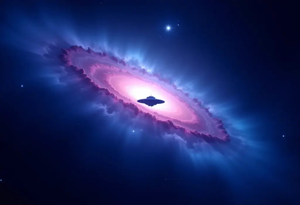Imagem conceitual de uma galáxia com um OVNI, representando séries de ficção científica alienígena.