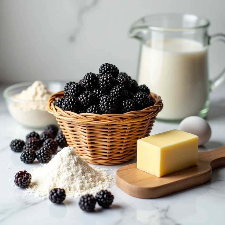 Ingredientes frescos para torta de amora em bancada de mármore.