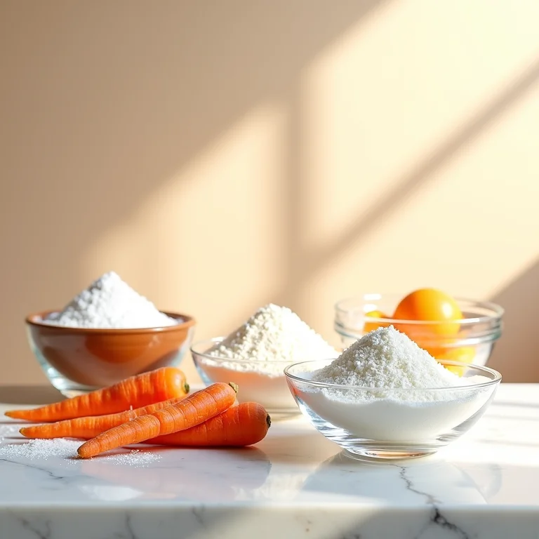 Ingredientes para bolo de cenoura dispostos em bowls de vidro