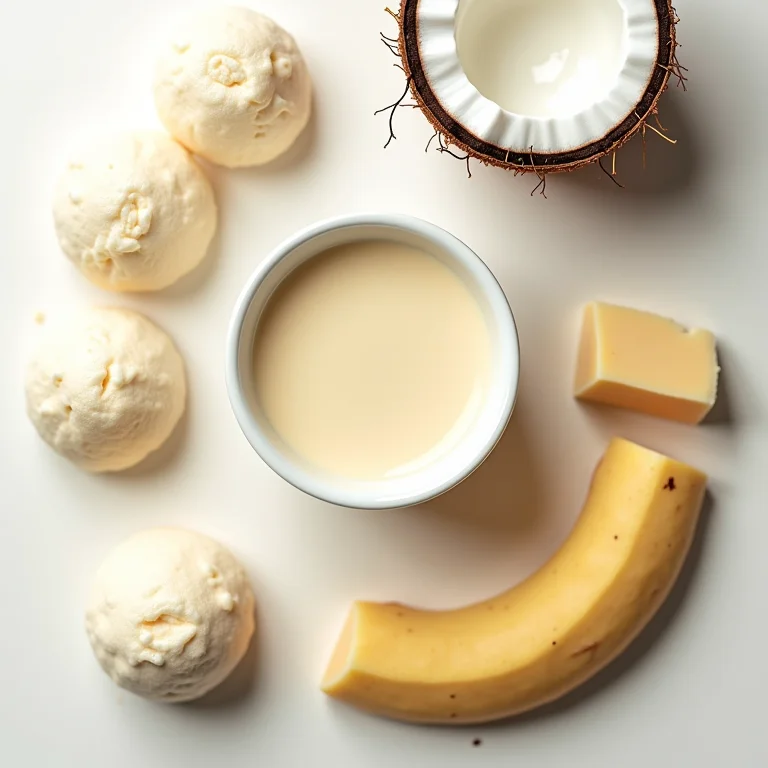 Ingredientes para tapioca dispostos em um flat lay: goma, queijo, coco e manteiga.