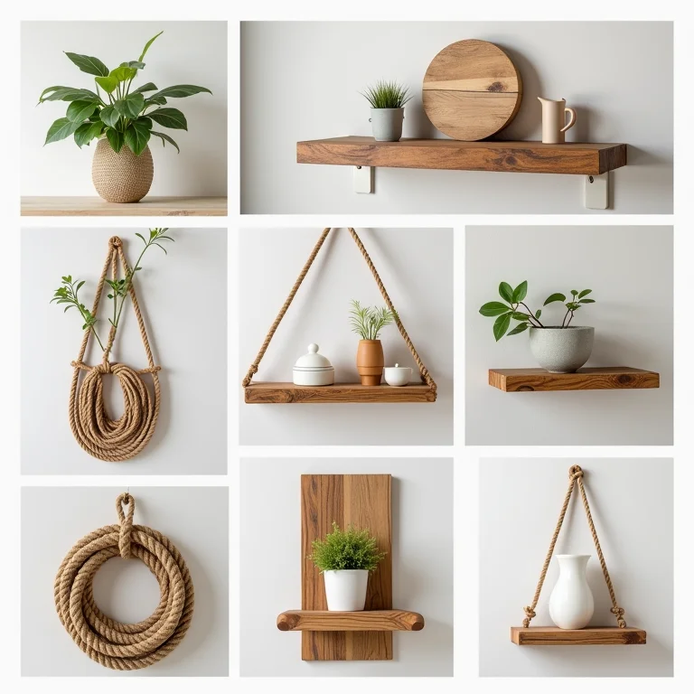 Inspirações de designs e aplicações de prateleiras de corda e madeira