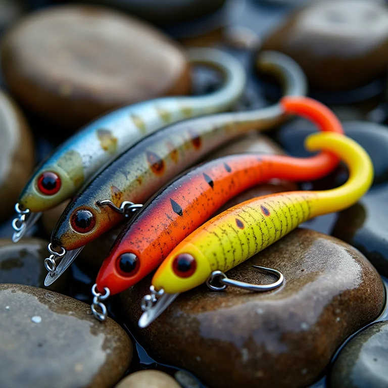 Iscas artificiais de fundo sobre pedras de rio