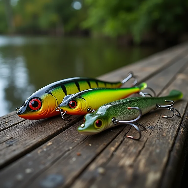 Iscas artificiais de superfície em um deck de madeira rústico