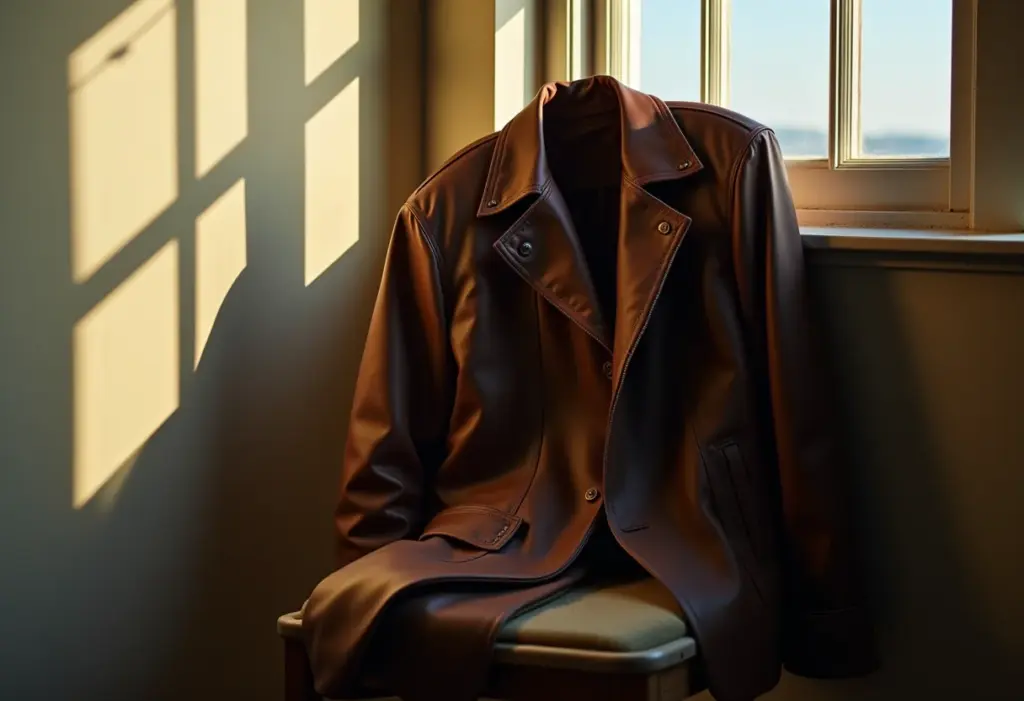 Jaqueta de couro envelhecida sobre cadeira de madeira