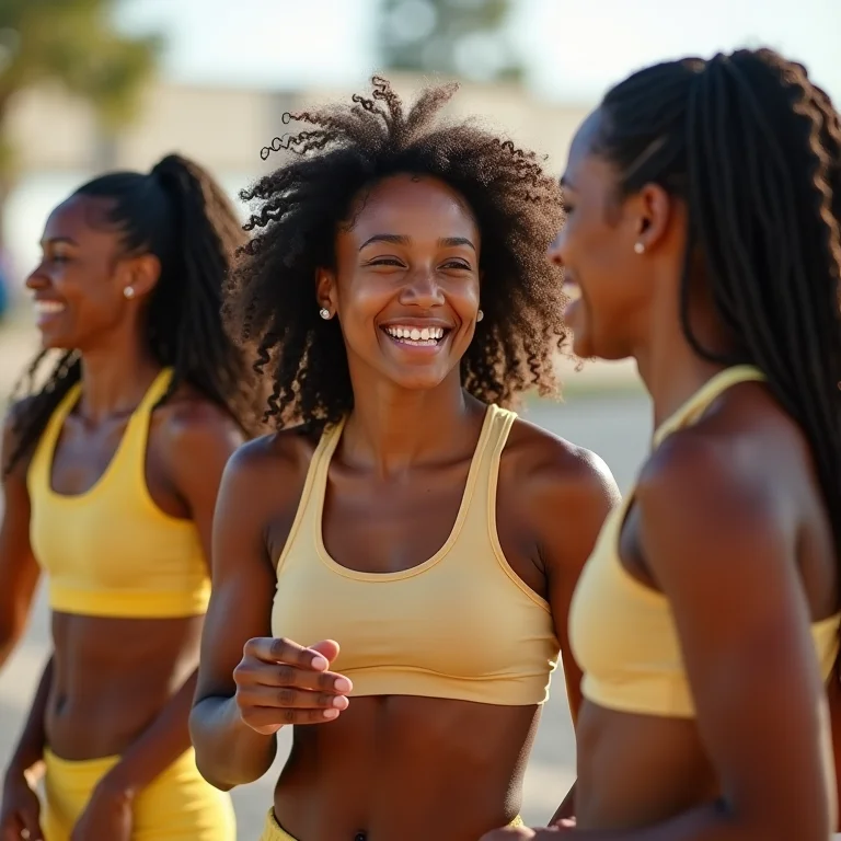 Jogadora branca de cabelo ondulado rindo durante um treino de bobinho.
