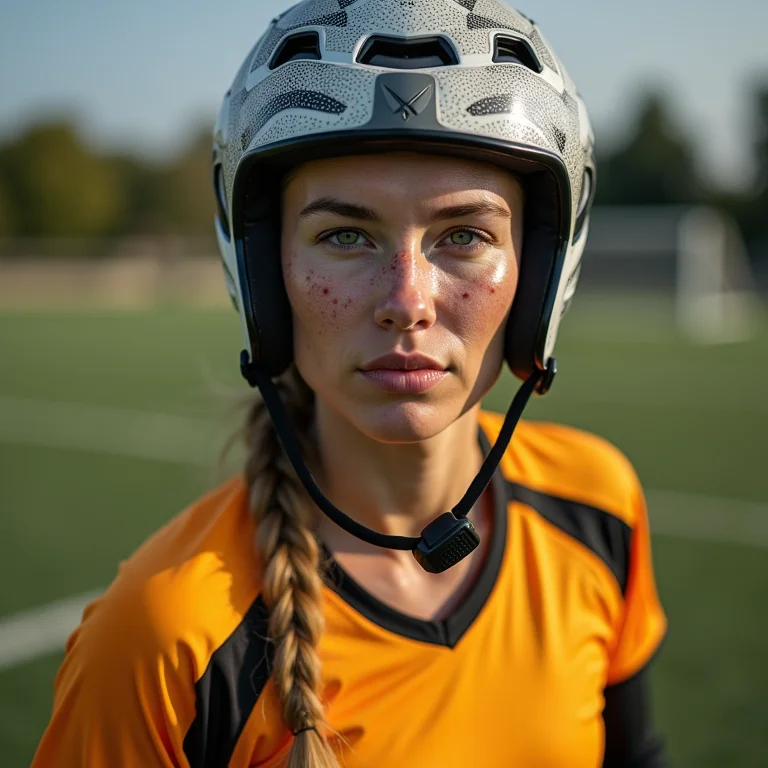 Jogadora de futebol de cegos se protegendo.