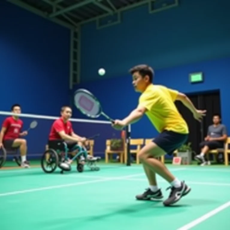 Jogadores de badminton paralímpico adaptando o jogo na quadra.