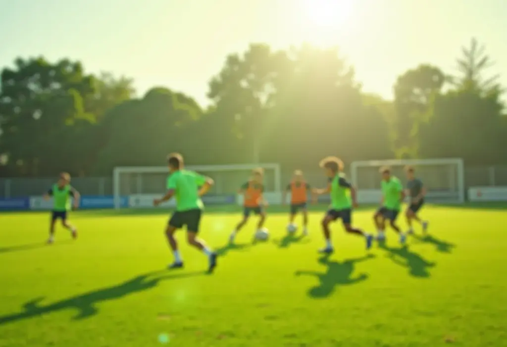 Jogadores de futebol participando de um treino de bobinho.