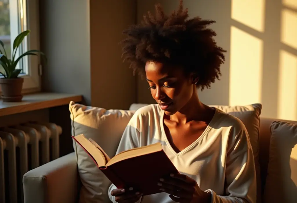 Jovem mulher lendo um livro de romance em um ambiente aconchegante