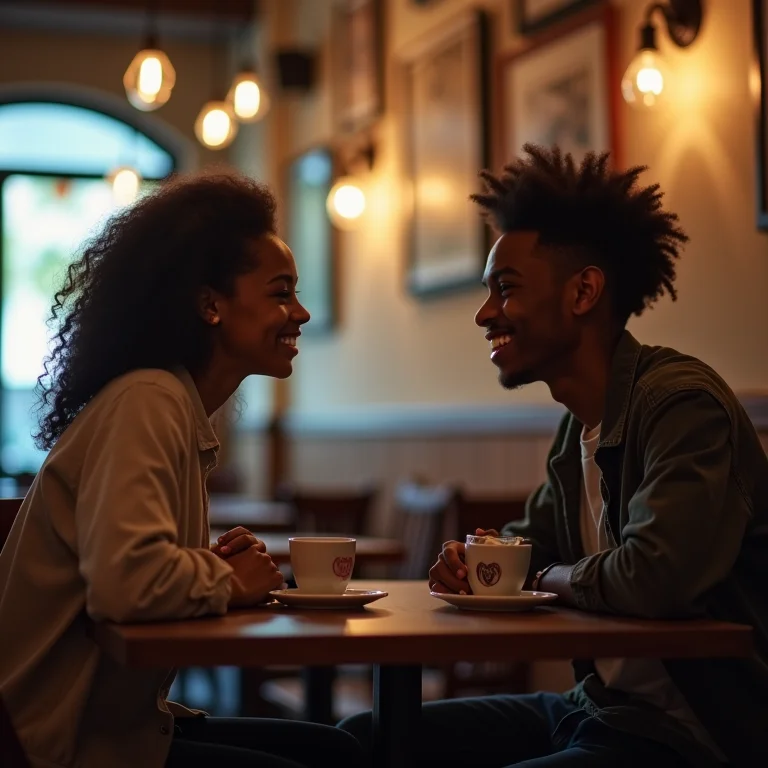 Jovens adultos conversando em um café, representando personagens complexos e relacionáveis