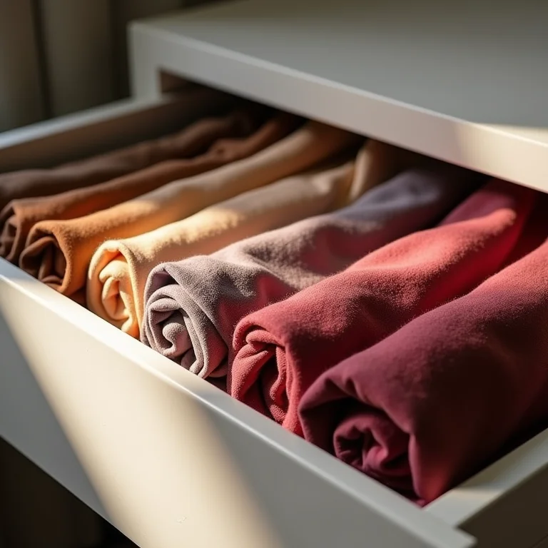 Lenços dobrados em pé dentro da gaveta