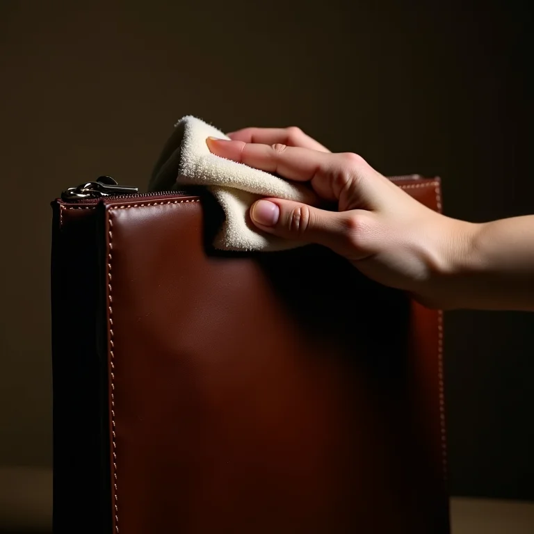 Limpeza de bolsa de couro com pano úmido.
