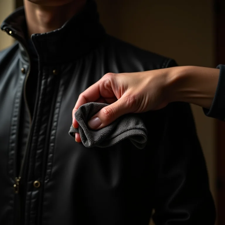 Limpeza suave de jaqueta de couro com pano macio.