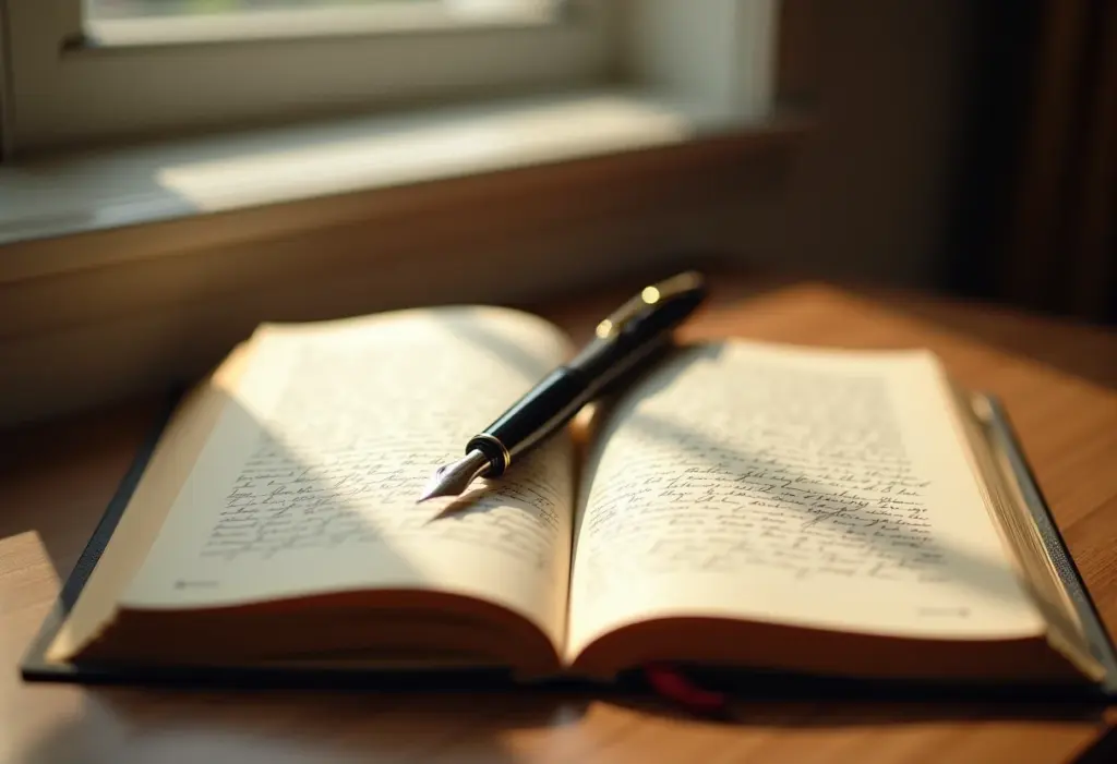 Livro aberto com caligrafia elegante e caneta tinteiro, representando o aprendizado da língua portuguesa.